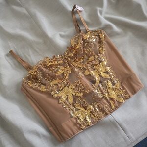 Victoria's Secret Gold Sequin Nude Lace-Front Camisole